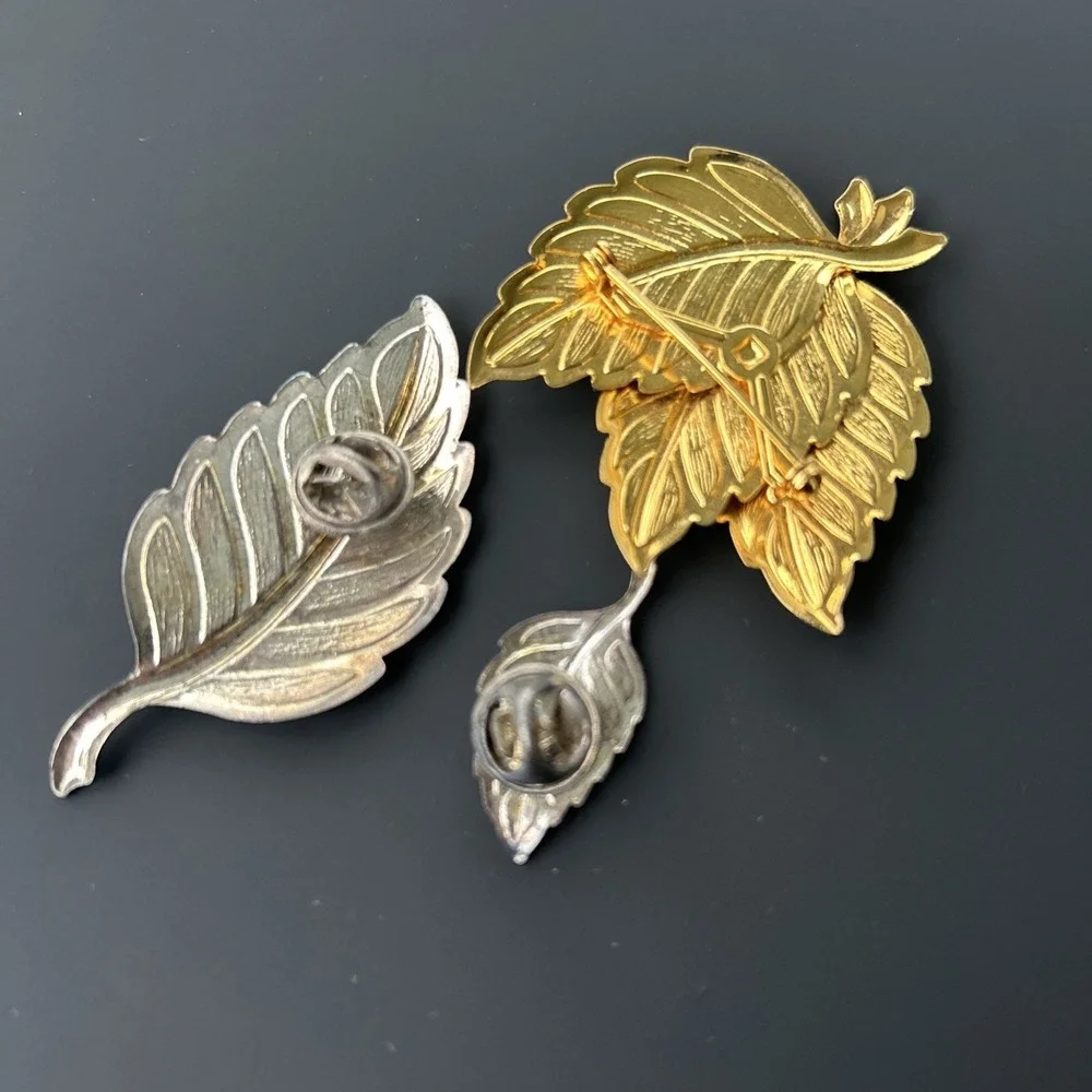 VTG 3 Pc LEAVES BROOCH LOT silver gold